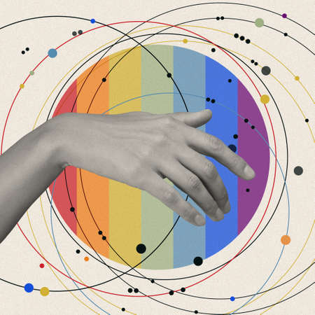 Art collage with human palm and LGBT flag. Pop art style. Zine culture. Lesbian Gay Bisexual...