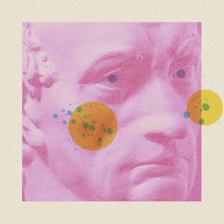 Collage with plaster antique sculpture of human face details in a pop art style. Creative concept...
