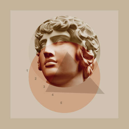 Art collage with antique sculpture of human face and numbers, geometric shapes. Beauty, fashion and health theme. Science, research, discovery, technology concept. Zine culture. Pop art style.の写真素材