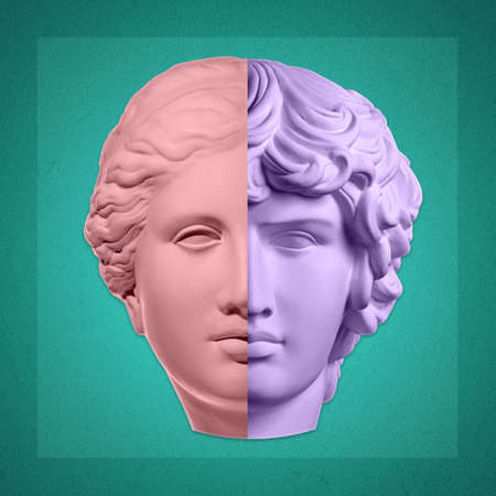 Collage with plaster antique sculpture of duble human face in pop art style. Creative concept image with ancient statue head in pastel colors. Zine culture. Contemporary art style poster. Antique bustの写真素材