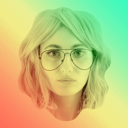 Funky woman in sunglasses. Crazy lady and surreal composition of textures, shapes, gradients. Contemporary art collage. Zine culture. Pop art. Fashion magazine style for posters, banners, wallpaper.の写真素材