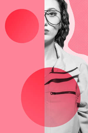 Funky woman in sunglasses. Crazy lady and surreal composition of textures, shapes, gradients....