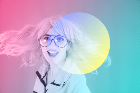 Funky woman in sunglasses. Crazy lady and surreal composition of textures, shapes, gradients....