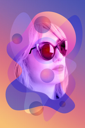 Funky woman in sunglasses. Crazy lady and surreal composition of textures, shapes, gradients. Contemporary art collage. Zine culture. Pop art. Fashion magazine style for posters, banners, wallpaper.の写真素材