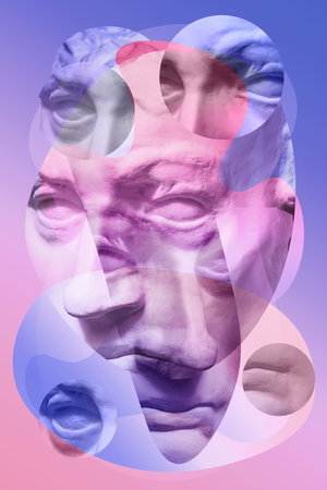 Collage with plaster antique sculpture of human face in a pop art style. Modern creative concept image with ancient statue head. Zine culture. Contemporary art poster. Funky minimalism. Retro design.の写真素材