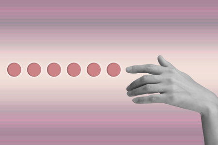 Art collage with human palm and creative elements, geometric shapes for posters, banners, wallpaper. Science, research, discovery, technology concept. Pop art. Zine culture. Fashion magazine style.の写真素材