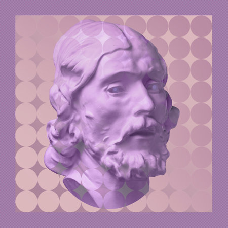 Collage with plaster antique sculpture of human face in a pop art style. Modern creative concept image with ancient statue head. Zine culture. Contemporary art poster. Funky minimalism. Retro design.の写真素材