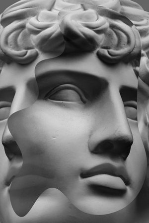 Collage with plaster antique sculpture of human face in a pop art style. Modern creative concept image with ancient statue head. Zine culture. Contemporary art poster. Funky minimalism. Retro design.の写真素材