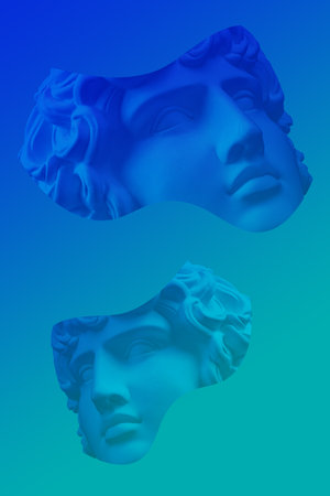 Collage with plaster antique sculpture of human face in a pop art style. Modern creative concept image with ancient statue head. Zine culture. Contemporary art poster. Funky minimalism. Retro design.の写真素材