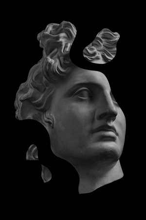 Collage with plaster antique sculpture of human face in a pop art style. Modern creative concept...