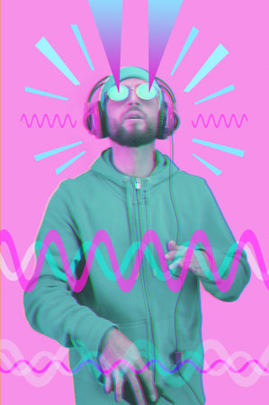 Pop art style collage. Funky bearded hipster DJ in headphone and sunglasses. Listening streaming...