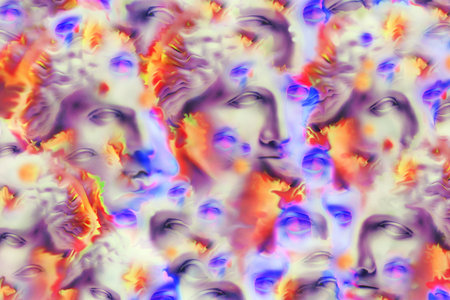 Funky background. Collage with plaster antique sculpture of human face in a pop art style. Modern...