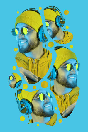 Pop art style collage. Funky bearded hipster DJ in headphone and sunglasses. Listening streaming...