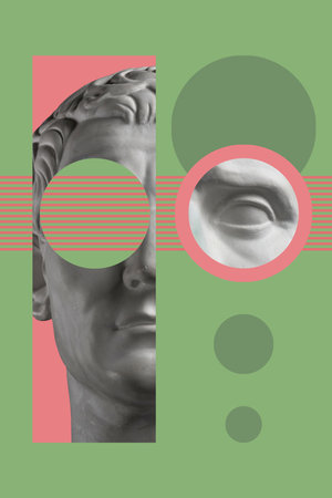 Collage with plaster antique sculpture of human face in a pop art style. Modern creative concept...