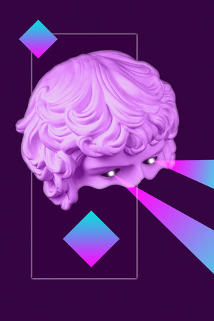 Collage with plaster antique sculpture of human face in a pop art style. Modern creative concept image with ancient statue head. Zine culture. Contemporary art poster. Funky minimalism. Retro design.の写真素材