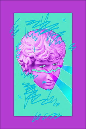 Collage with plaster antique sculpture of human face in a pop art style. Modern creative concept...