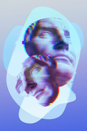 Collage with plaster antique sculpture of human face in a pop art style. Modern creative concept...