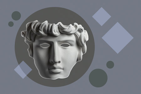 Collage with plaster antique sculpture of human face in a pop art style. Modern creative concept image with ancient statue head. Zine culture. Contemporary art poster. Funky minimalism. Retro design.の写真素材