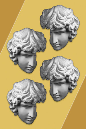 Collage with plaster antique sculpture of human face in a pop art style. Modern creative concept...