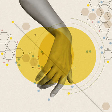 Art collage with human palm and creative elements, geometric shapes for posters, banners, wallpaper. Science, research, discovery, technology concept. Pop art. Zine culture. Fashion magazine style.の写真素材