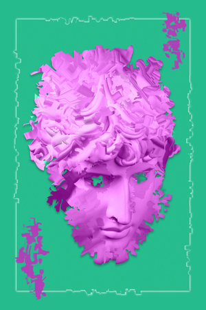 Collage with plaster antique sculpture of human face in a pop art style. Modern creative concept...