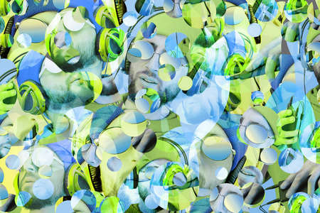 Pop art style collage. Funky bearded hipster DJ in headphone and sunglasses. Listening streaming...