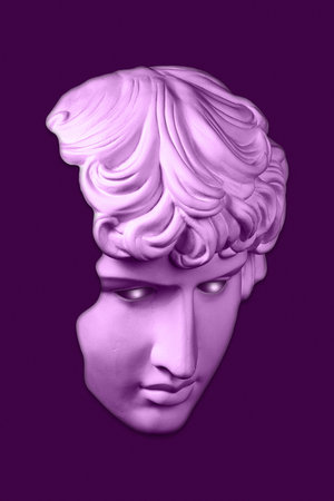 Collage with plaster antique sculpture of human face in a pop art style. Modern creative concept image with ancient statue head. Zine culture. Contemporary art poster. Funky minimalism. Retro design.の写真素材