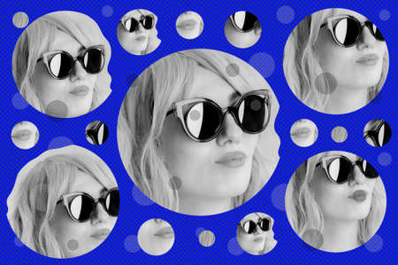 Funky woman in sunglasses. Crazy lady and surreal composition of textures, shapes, gradients. Contemporary art collage. Zine culture. Pop art. Fashion magazine style for posters, banners, wallpaper.の写真素材