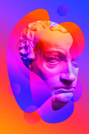 Collage with plaster antique sculpture of human face in a pop art style. Modern creative concept...
