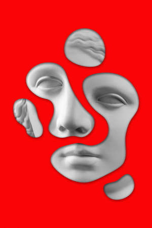 Surreal collage with antique sculpture of woman face in a pop art style. Modern creative concept image with ancient statue head on a red. Zine culture. Contemporary art poster. Funky retro minimalism.の写真素材