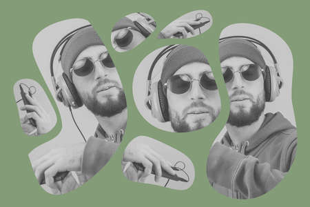 Pop art style collage. Funky bearded hipster DJ in headphone and sunglasses. Listening streaming...
