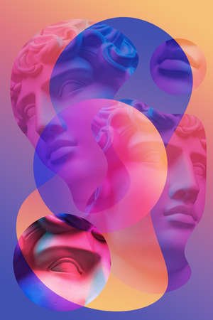 Collage with plaster antique sculpture of human face in a pop art style. Modern creative concept image with ancient statue head. Zine culture. Contemporary art poster. Funky minimalism. Retro design.の写真素材