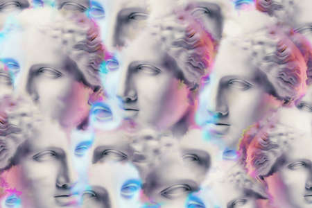 Funky background. Collage with plaster antique sculpture of human face in a pop art style. Modern creative concept image with ancient statue head. Contemporary art texture. Minimalism. Zine culture.の写真素材