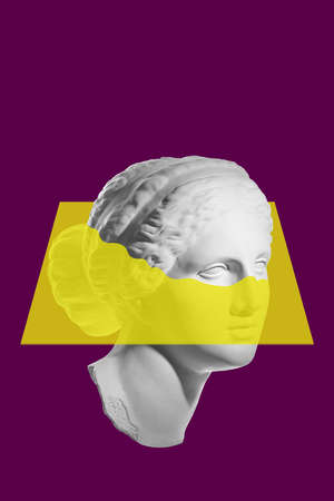 Collage with sculpture of human face in a pop art style. Modern creative concept image with ancient statue head. Zine culture. Contemporary art poster. Funky punk minimalism. Retro surreal design.の写真素材