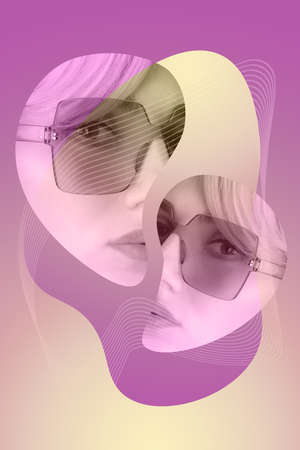 Funky woman in sunglasses. Crazy lady and surreal composition of textures, shapes, gradients. Contemporary art collage. Zine culture. Pop art. Fashion magazine style for posters, banners, wallpaper.の写真素材