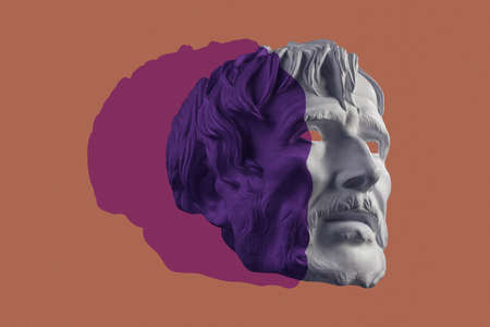 Collage with sculpture of human face in a pop art style. Modern creative concept image with ancient statue head. Zine culture. Contemporary art poster. Funky punk minimalism. Retro surreal design.の写真素材