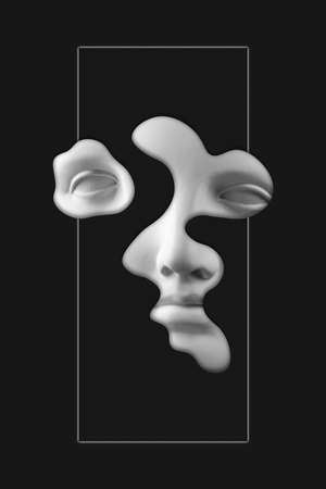 Antique sculpture of woman face surreal collage in pop art style. Modern image with cut details of statue head on a black. Dark concept. Contemporary art poster. Funky retro minimalism. Zine culture.の写真素材