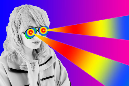 Funky woman in sunglasses. Crazy lady and surreal composition of textures, shapes, gradients. Contemporary art collage. Zine culture. Pop art. Fashion magazine style for posters, banners, wallpaper.の写真素材