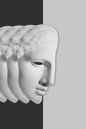 Collage with plaster antique sculpture of human face in a pop art style. Modern creative concept image with ancient statue head. Zine culture. Contemporary art poster. Funky minimalism. Retro design.の写真素材