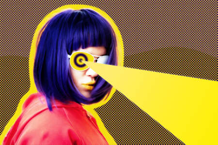 Art collage with close up fashion portrait young beautiful woman. Unusual youth fashion. Creative vogue concept poster in contemporary pop art style. Retro design. Funky minimalism. Zine culture.の写真素材