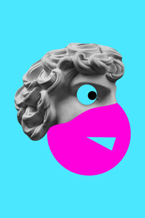 Collage with plaster antique sculpture of human face in a pop art style. Modern creative concept image with ancient statue head. Zine culture. Contemporary art poster. Funky minimalism. Retro design.の写真素材