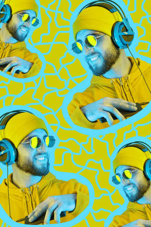 Pop art style collage. Funky bearded hipster DJ in headphone and sunglasses. Listening streaming...
