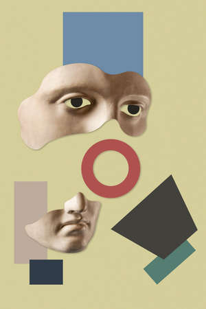 Collage with sculpture of human face in a pop art style. Modern creative concept image with ancient statue head. Zine culture. Contemporary art poster. Funky punk minimalism. Retro surreal design.の写真素材