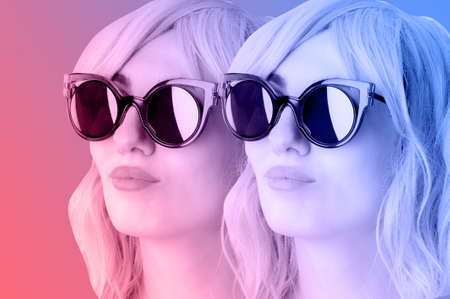 Funky woman in sunglasses. Crazy lady and surreal composition of textures, shapes, gradients. Contemporary art collage. Zine culture. Pop art. Fashion magazine style for posters, banners, wallpaper.の写真素材