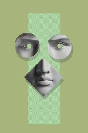 Collage with plaster antique sculpture of human face in a pop art style. Modern creative concept image with ancient statue head. Zine culture. Contemporary art poster. Funky minimalism. Retro design.の写真素材