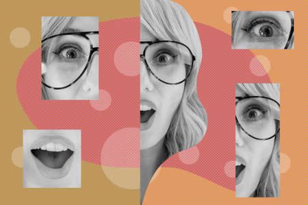 Funky woman in sunglasses. Crazy lady and surreal composition of textures, shapes, gradients....
