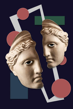 Collage with sculpture of human face in a pop art style. Modern creative concept image with ancient...