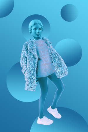 Collage with plaster antique sculpture of human face in a pop art style. Modern creative concept image with ancient statue head. Zine culture. Contemporary art poster. Funky minimalism. Retro design.の写真素材