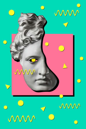 Collage with plaster antique sculpture of human face in a pop art style. Modern creative concept image with ancient statue head. Zine culture. Contemporary art poster. Funky minimalism. Retro design.の写真素材