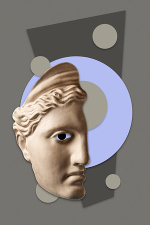 Collage with sculpture of human face in a pop art style. Modern creative concept image with ancient statue head. Zine culture. Contemporary art poster. Funky punk minimalism. Retro surreal design.の写真素材